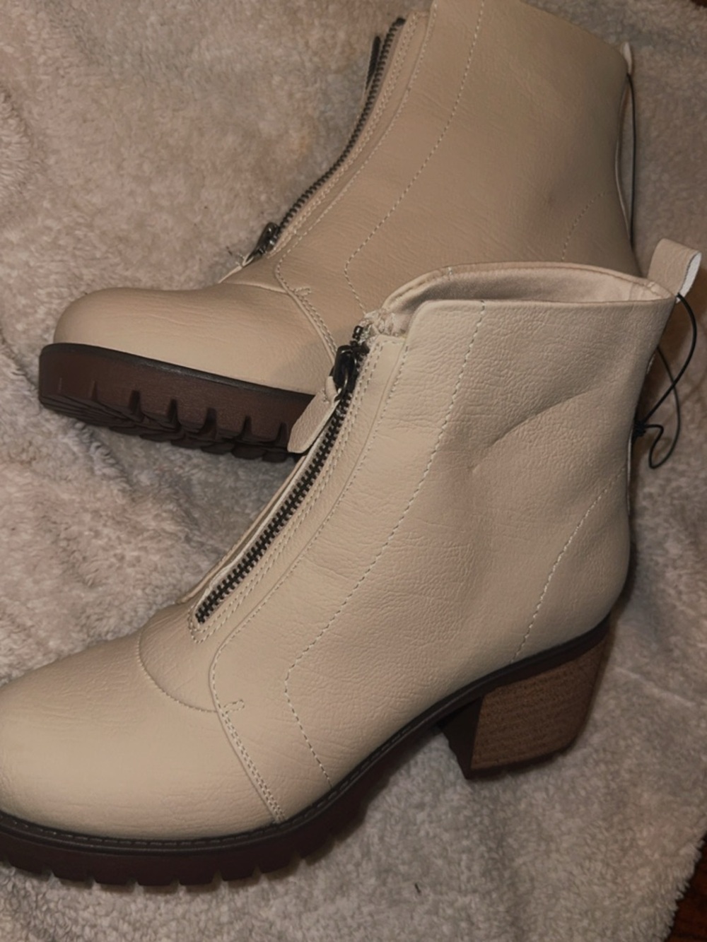 Cream Front-Zip Block Heel Ankle Boots - Women's
